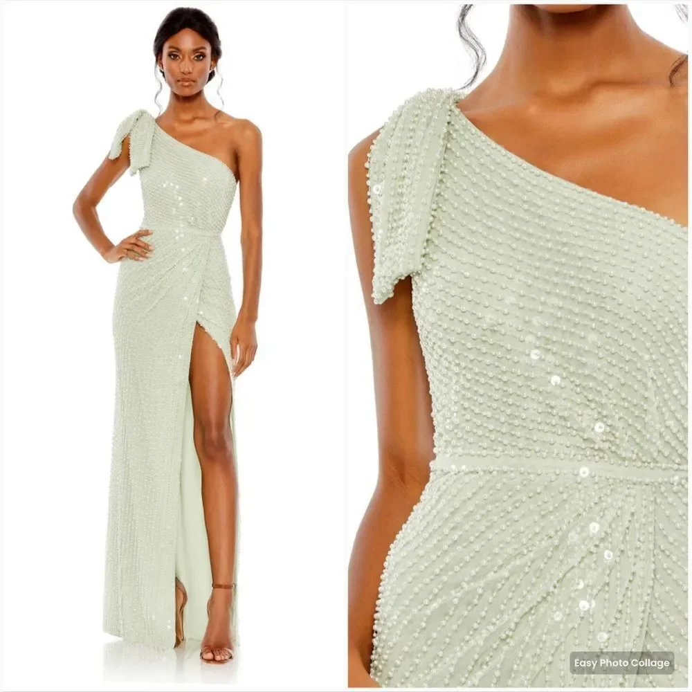 Mac Duggal 93735 PEARL EMBELLISHED SOFT TIE ONE SHOULDER GOWN Green 10